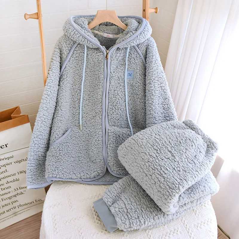 Lounge Women's Sleep New Flanner Couple's Pajama Hooded Zipper Sleeping Sleepwear Winter Underwear Set Nightie Warm Pajamas Pyjamas WomenC26 - view 4