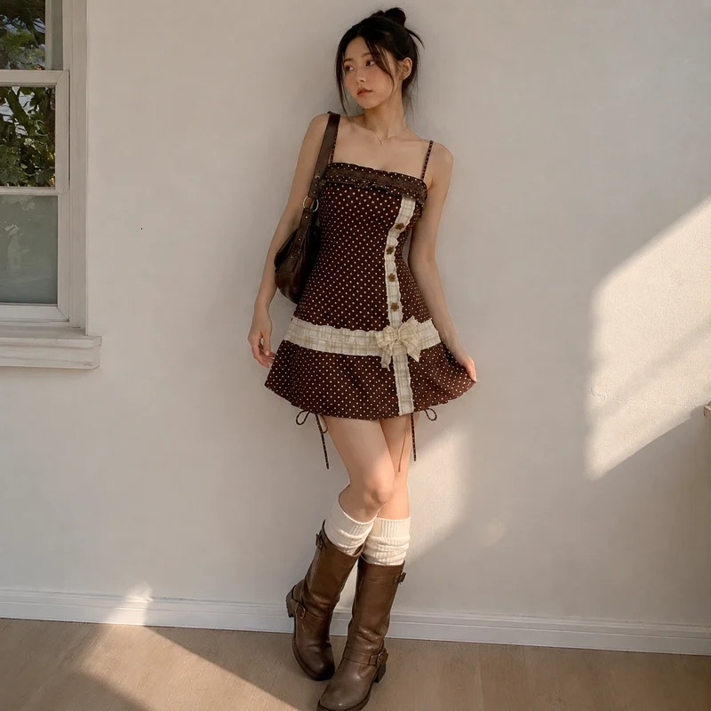Womens Mini Dress Brown Polka Dot Spaghetti Strap Square Neck Bow Ruffle Trim A Line Y2K Summer Cute Casual Dress 260924 - view 5