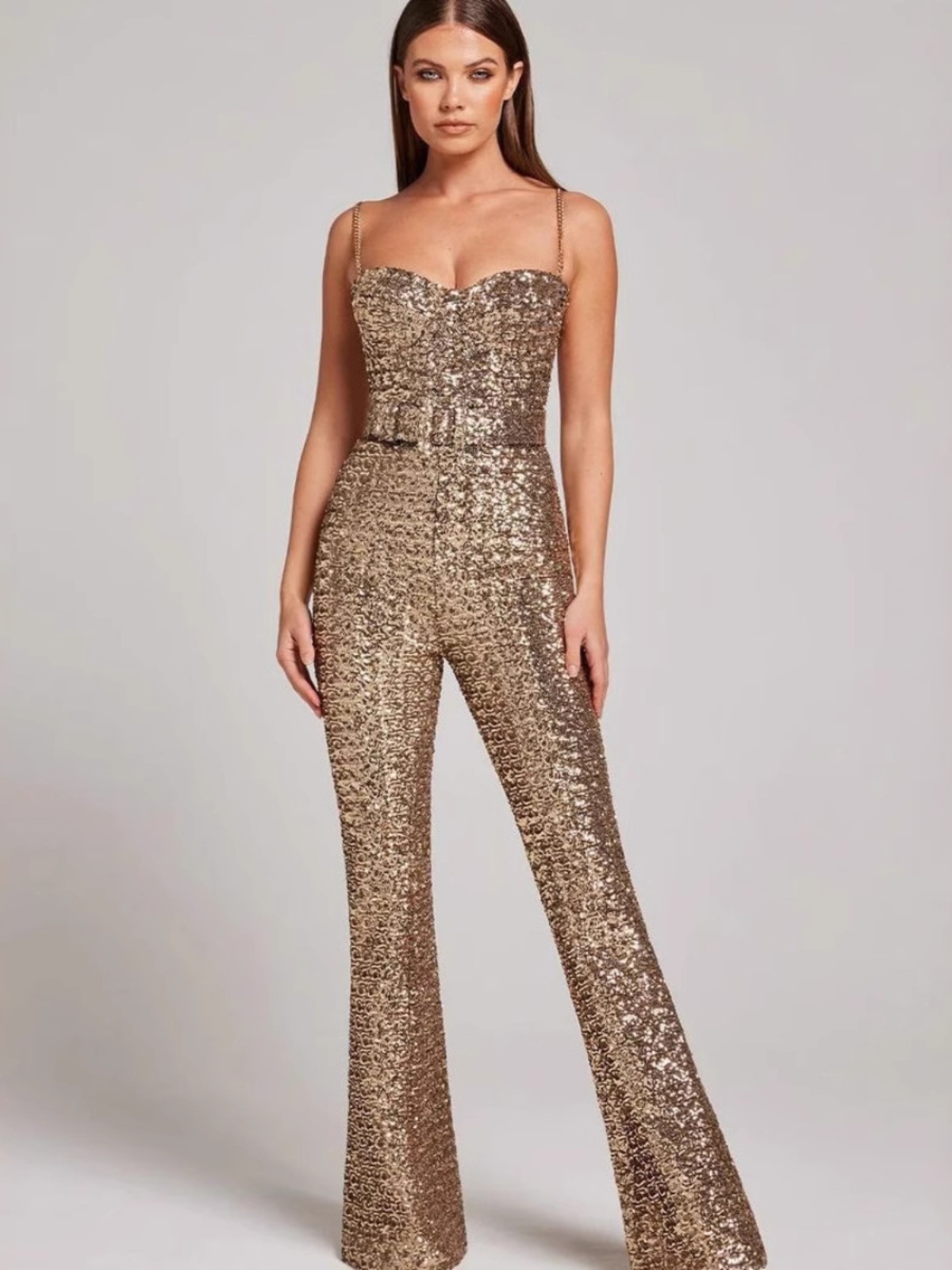 Sexy Fashion Chain Belt Shiny Sequin Dress Jumpsuit Women High Waist Long Pants Polyester Fiber Commute Style Spring Season - view 4