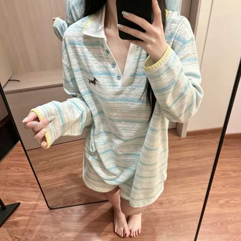 Women's Sleep Lounge Light Blue Striped Pajama Set Summer Thin Long Sleeve Shorts Dachshund Dog Print Women's Pajama Casual Ladies Daily Sle - view 4