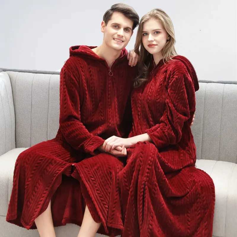 Sleep Lounge Women's Autumn Winter Zipper Bathrobe for Women Men Hooded Nightgown Couple Thick Pajamas Flannel Ladies Long SleepwearC260924 - view 6