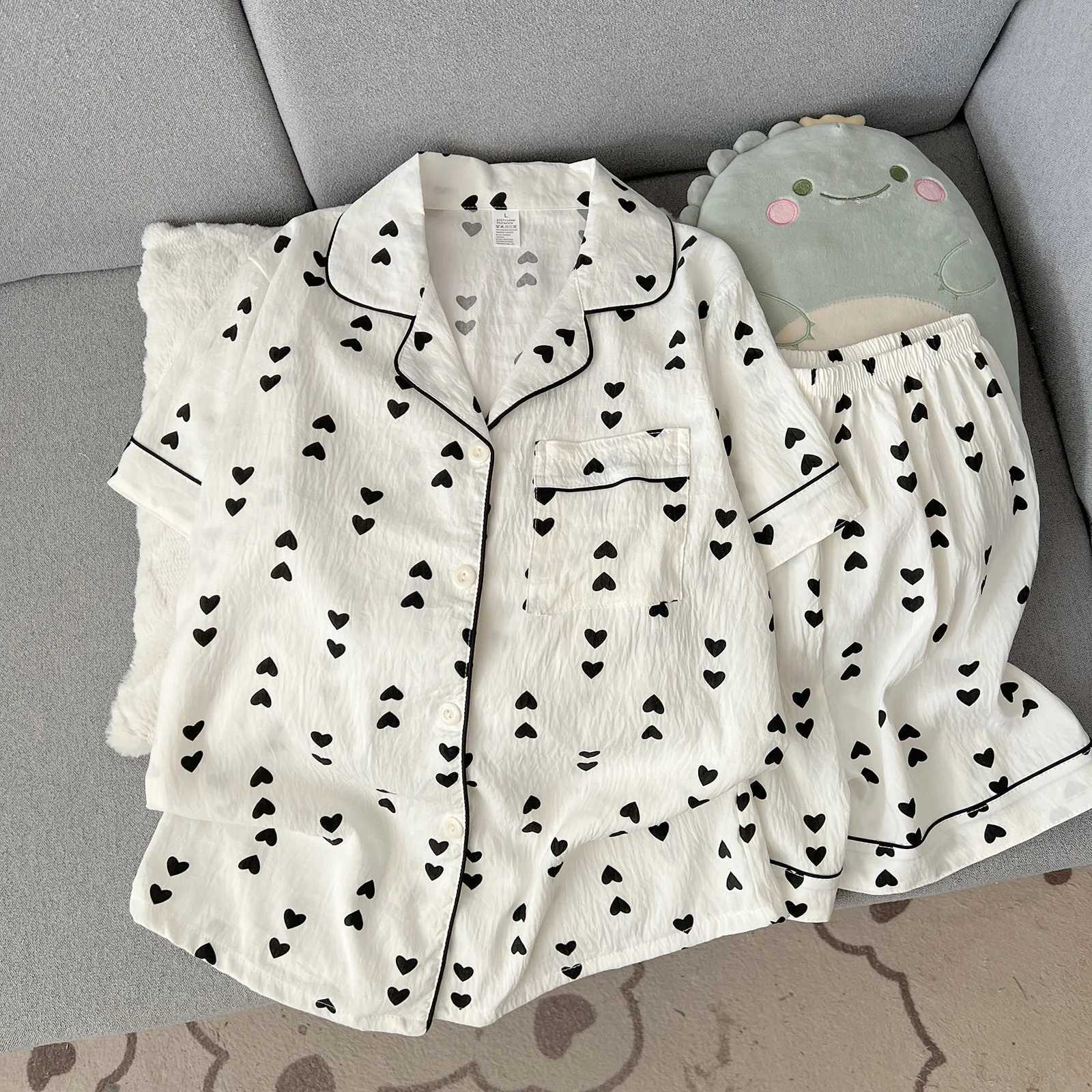 Women's Sleep Lounge 2026 Pajamas Women's Summer Short-Sleeved and Shorts Cute Cartoon Cardigan Ladies Sleepwear Homewear Love Print Breatha - view 6