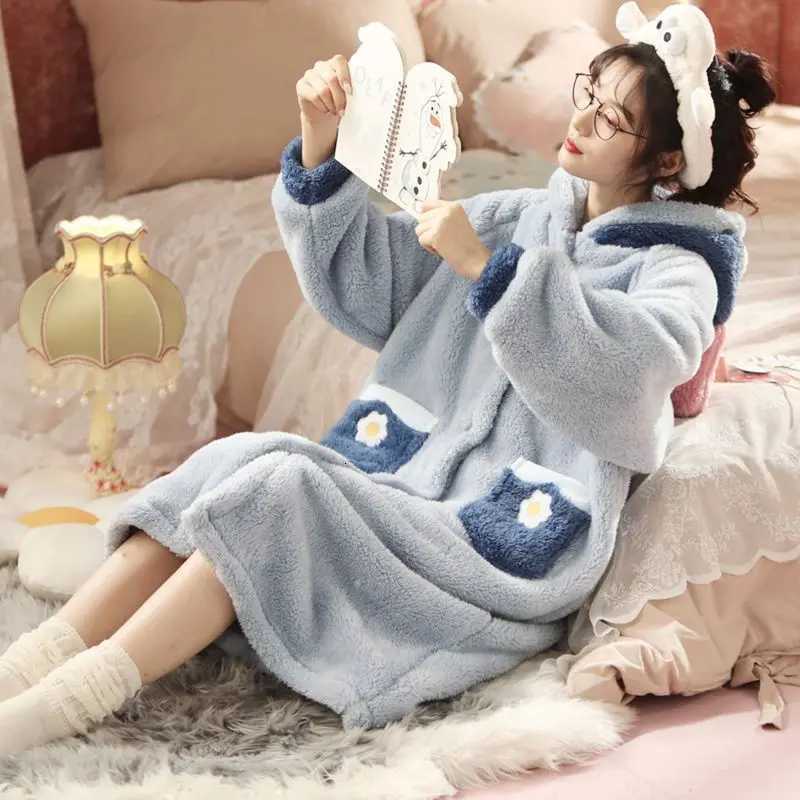 Lounge Women's Sleep Kawaii Flannel 2025 Winter Kimono Nightgown Strawberry Cute Home Wear for Women Sleepwear Warm Bathrobe Cartoon Hooded Long  - view 7