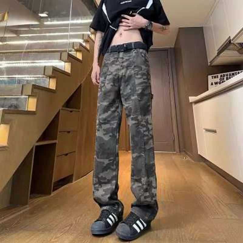 Men's Jeans American High Street Retro Waed Camouflage Men's Jeans Spring Autumn Trendy Hiphop Casual Flared Workwear Straight Leg Pants H26
