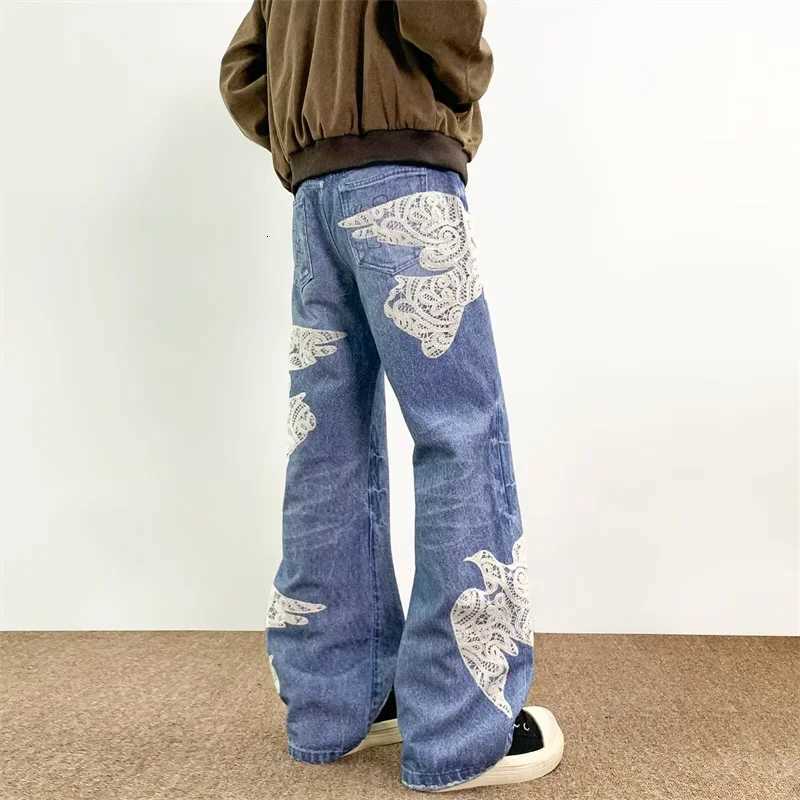 Men's Jeans Spring Men's Dove Of Peace Appliques Embroidered Jeans New Y2K Vintage Straight Baggy Denim Pants Washed Streetwear Blue Jean H2 - view 7