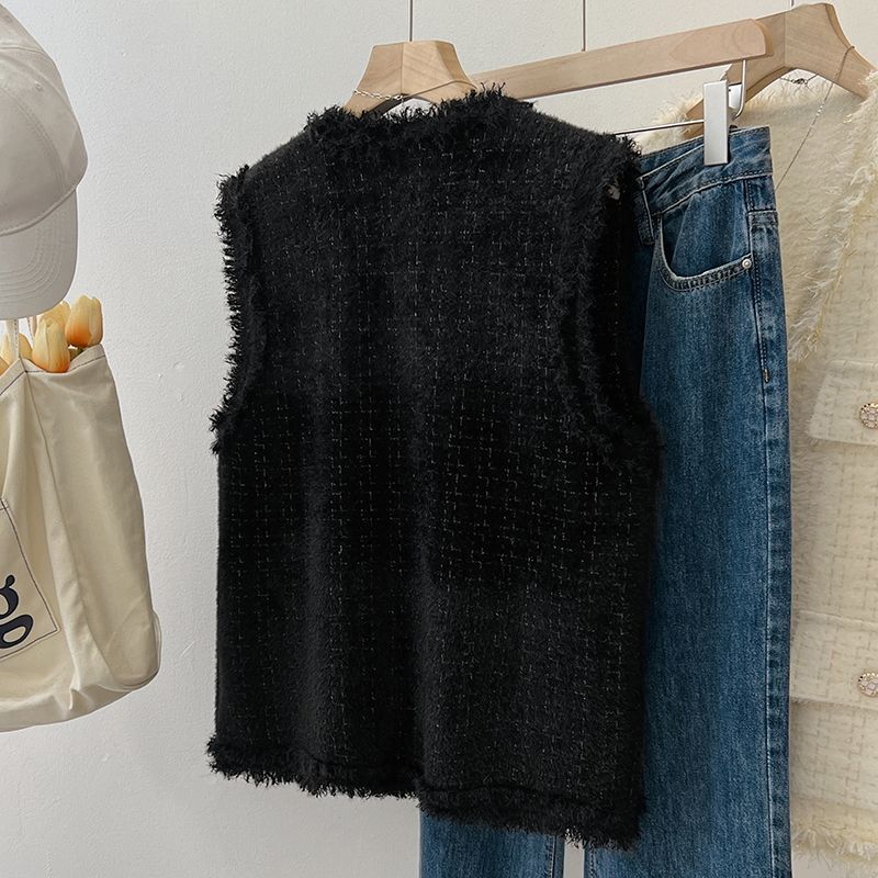 Women's Knitted Vest Pure Color Frayed Slimming Versatile Top Spring Autumn Small Fragrance Style Workwear Outerwear - view 5