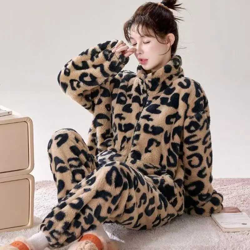 Women's Sleep Lounge Winter Can Be Outside The New Coral Warm Fleece Thickened Leopard Print Loungewear Pajamas Women's Two-piece Set Sleepw