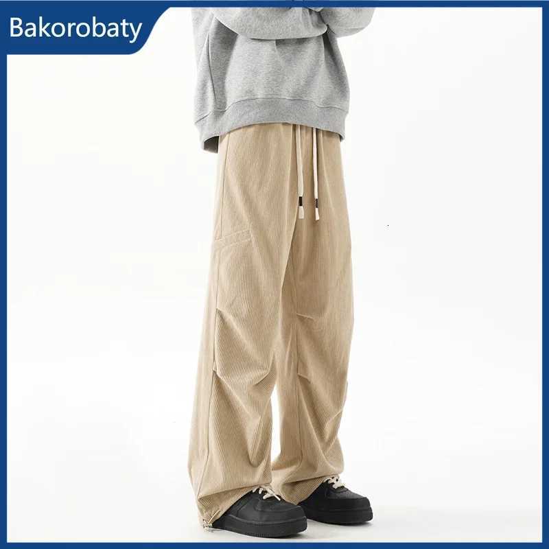 Men's Jeans New Men's Corduroy Pleated Baggy Straight Pantalones Appliques Casual Drawstring Cargo Pants Y2K Vintage Streetwear Trousers H26