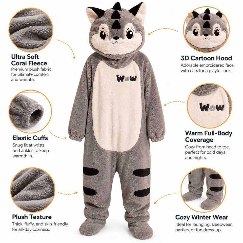 Lounge Women's Sleep Coral Fleece Pig Onesie Pajamas 3D Ears Design Hooded Style Lounger Robe Oversized Fit Warm Adult Wearable BlanketC260924 - view 6