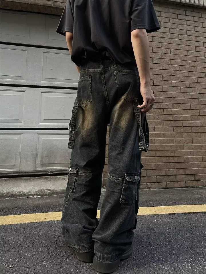Men's Jeans Y2K Multiple Pockets Baggy Cargo Jeans 2024 Vintage Men's and Women's Loose Straight Leg Hip Hop Pants Baggy y2k Jeans H260 - view 6