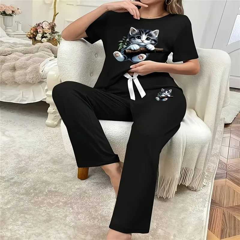 Women's Sleep Lounge Pyjamas Set for Women's Black Short Sleeve Printed Cat Trousers Student Loungewear Pullover Round Neck Girl Sleepwear H
