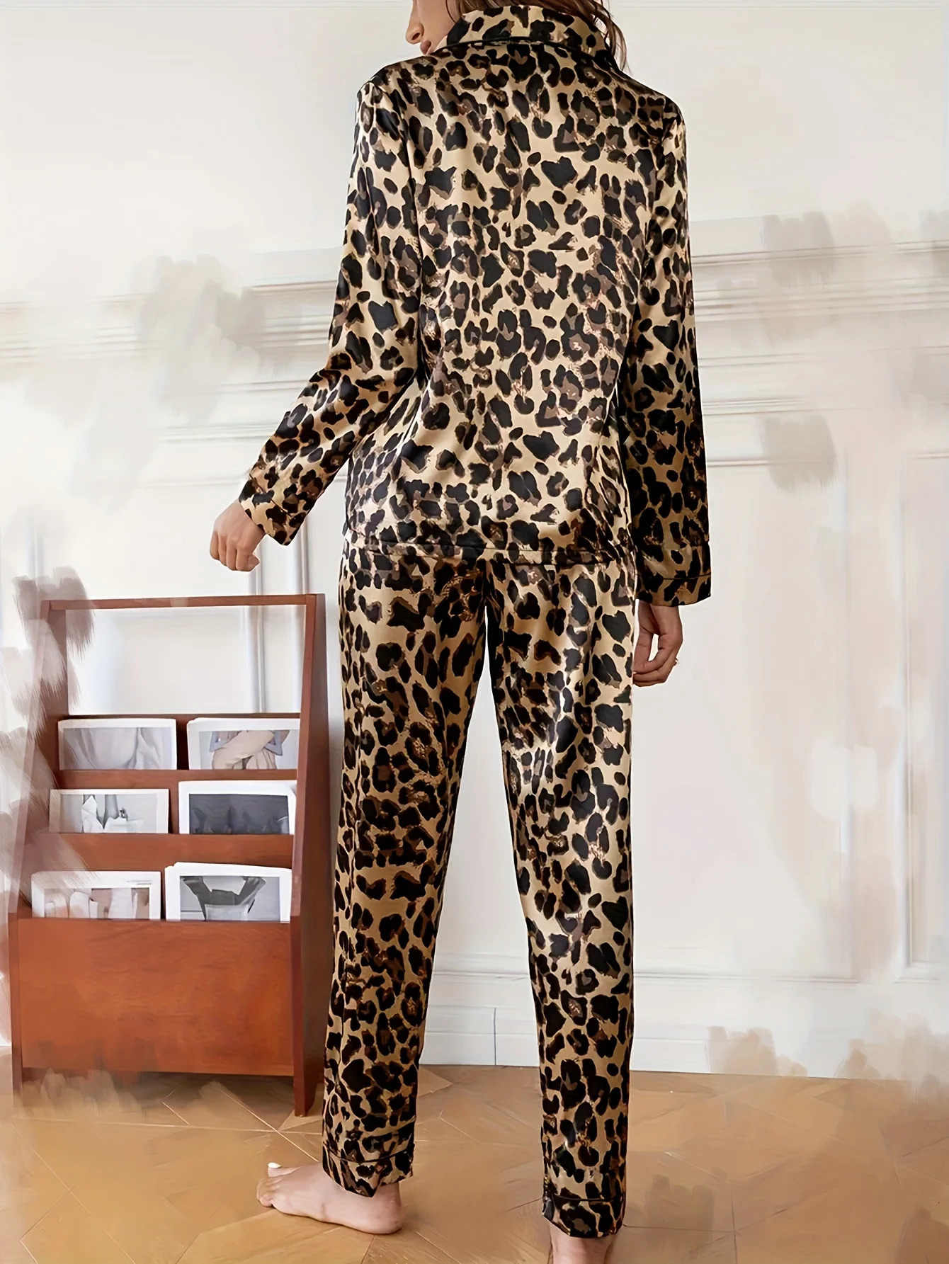 Autumn Winter Silk Satin Leopard Print Pajamas Set for Women Sleepwear Loose Casual Long Sleeve T-shirt and Trouser Suits 260923 - view 3
