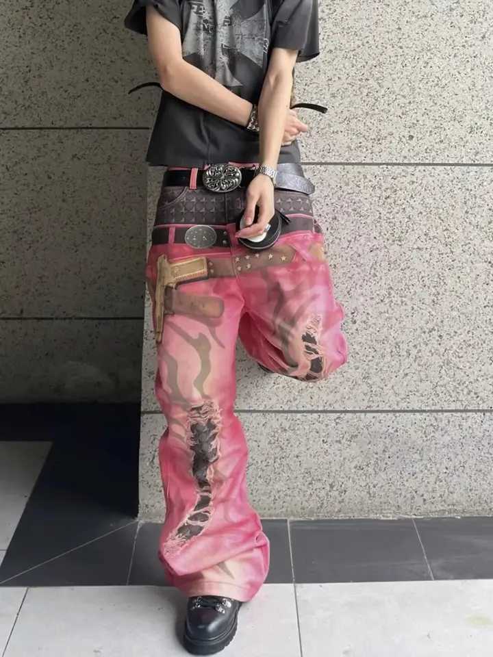 Men's Jeans Y2K American Vintage Personalized Mottled Totem Print Baggy Jeans Men's High Waist Wide Leg Jeans Trendy Hip-hop Jeans H260924 - view 7