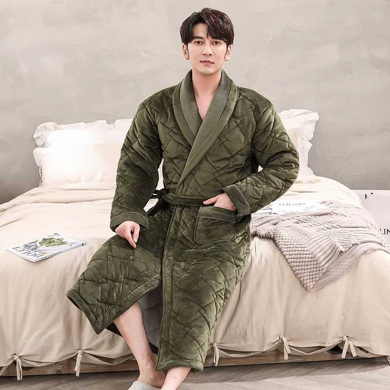 Sleep Lounge Women's Men Casual Kimono Bathrobe Winter Three Layers Flannel Quilted Long Robe Thick Warm Sleepwear Big Yards Nightgown Male Home  - view 3