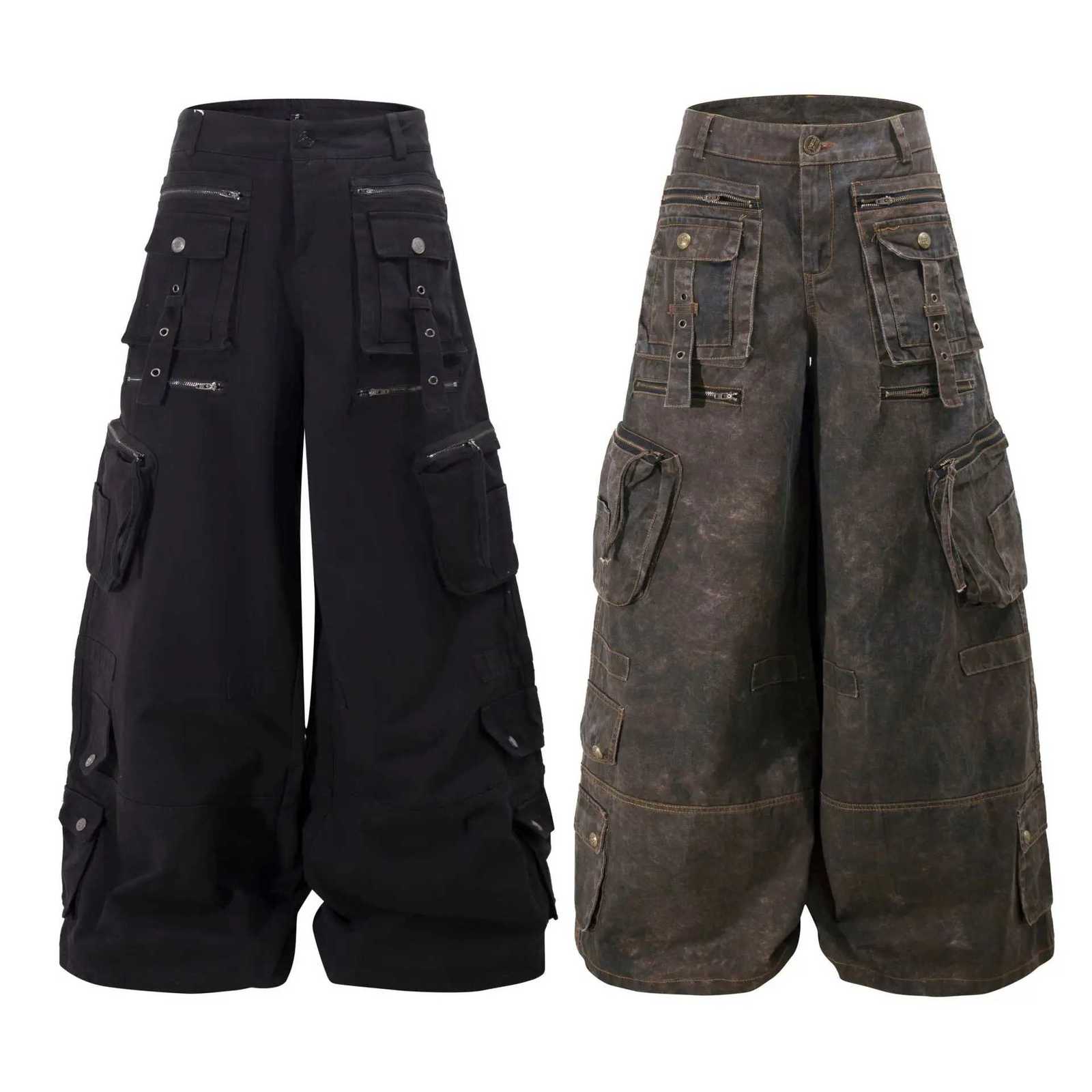 Men's Jeans Grunge Techwear Wide Leg Cargo Pants Y2K Utility Trouser with Multi Pockets High Waist Vintage Streetwear Denim Jeans Daily Wear H260 - view 4
