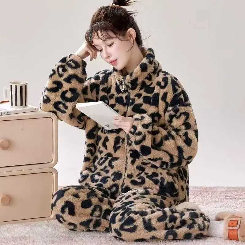 Women's Sleep Lounge Winter Can Be Outside The New Coral Warm Fleece Thickened Leopard Print Loungewear Pajamas Women's Two-piece Set Sleepw - view 4