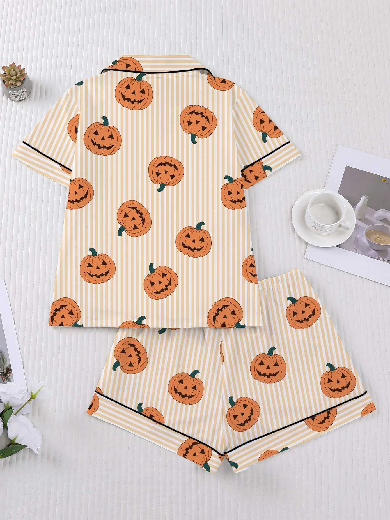 Women's Sleep Lounge Women's Sleepwear Halloween Print Pajamas Set Collar Short Sleeved Shirt With Shorts Home Suit Set Loungewear Set Pyjam - view 7
