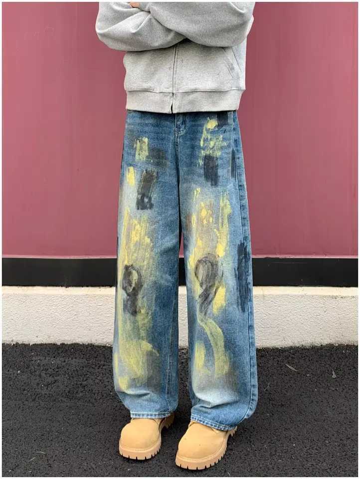 Men's Jeans American Retro Distressed Tie Dye Wide Leg Jeans Men's Loose Floor-Length Straight Cut Denim Pants Vintage American Hip Hop H260