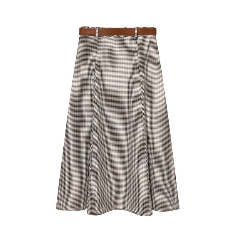 Winter New Women's Checkered Midi with Belt Half-length Cowl Neck Design Commute Style High Waist Loose Fit A-Line Skirt - view 5