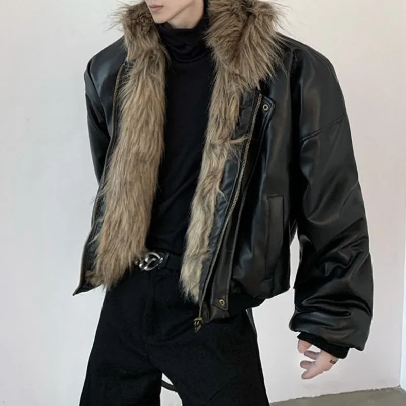 IEFB High Street Men's PU Leather Coats Hooded Solid Color Faux Fur Patchwork Reversible Zipper Loose Male Jackets Winter 9X1155 260923 - view 7
