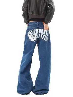 Men's Jeans Vintage American Style Blue Pocket Full Printed Y2K Jeans Couple Classic Baggy Straight Wide-leg Pants Ripped Jeans H260924 - view 3