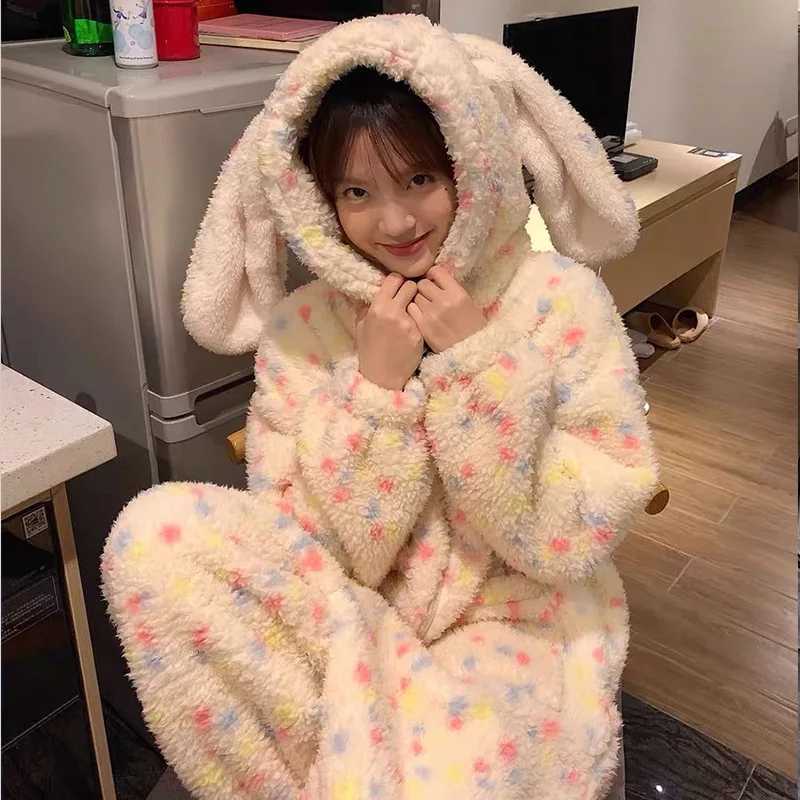 Lounge Women's Sleep Thickened Winter Pajamas Onesie Coral Fleece Hooded Sleepwear for Cute Girls Home Clothes Outdoor Cartoon Print Warm Homewea - view 4