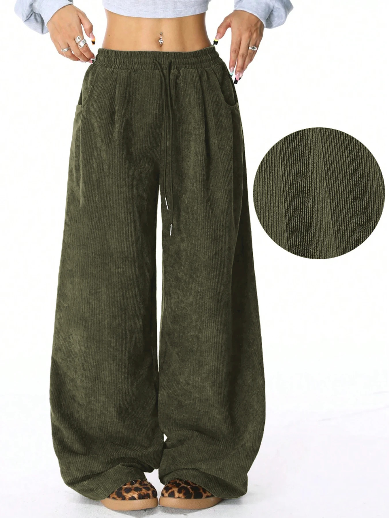 Womens Retro Corduroy Cargo Pants Casual Drawstring Straight Sports Pants Drape Daily Commuting Wide Leg Pants 260924 - view 7