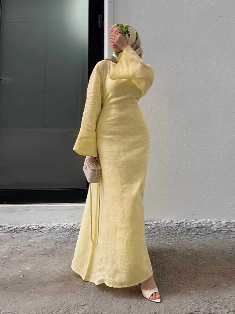 Sleep Lounge Women's Women' Dresses Elegant O-Neck Cotton Lined Back Lace Up Flare Sleeve Waist Cinching Long Robes Female Summer Lady Dress - view 4