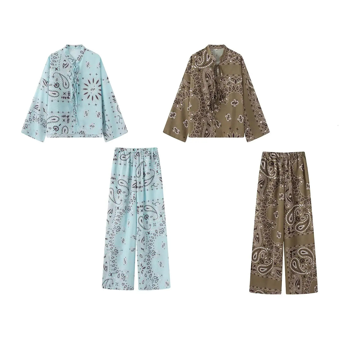 SuperAen Pattern Long-sleeved Shirt Loose-waist Straight Wide-leg Pants Sets 260923