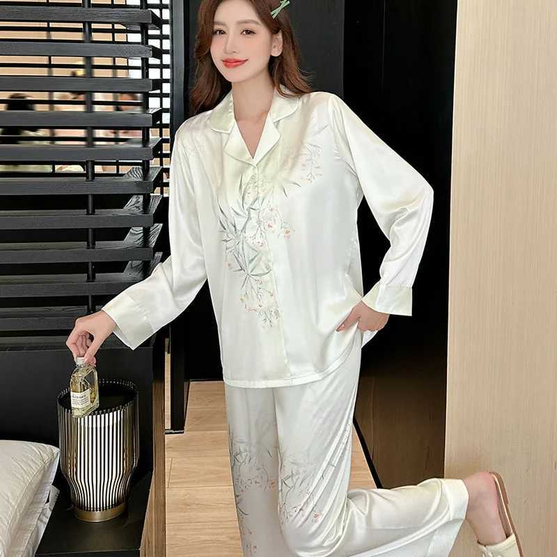 Sleep Lounge Women's Women's Plus-Size Printed Pajamas Loose-Fit Long-Sleeve Ice-Silk Cool-Feel Loungewear Versatile Outerwear PajamasC26092 - view 6