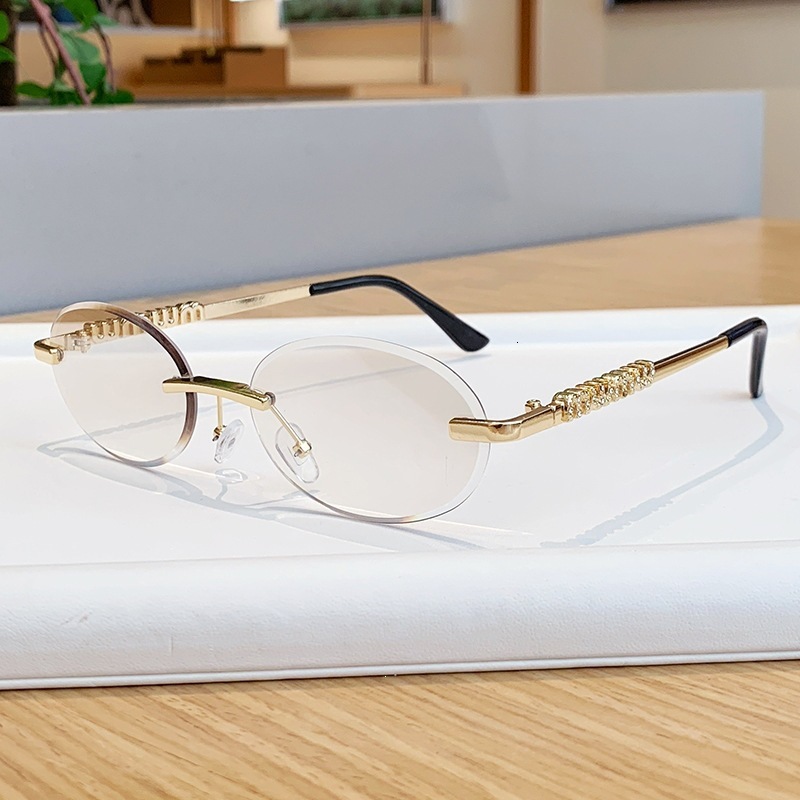 High-End Designer Sunglasses M Brand Diamond-Embellished Letter Temple Sunglasses, Runway Style, European And American Fashion, Oval Frameless For Wom