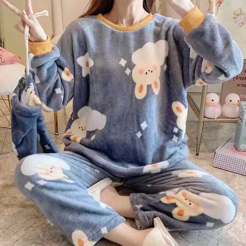 Lounge Women's Sleep Thickened Warm Sleepwear for Winter Plus Size Padded Flannel Long Sleeve Student Pajamas Loungewear Two Piece Nightwear Home - view 3