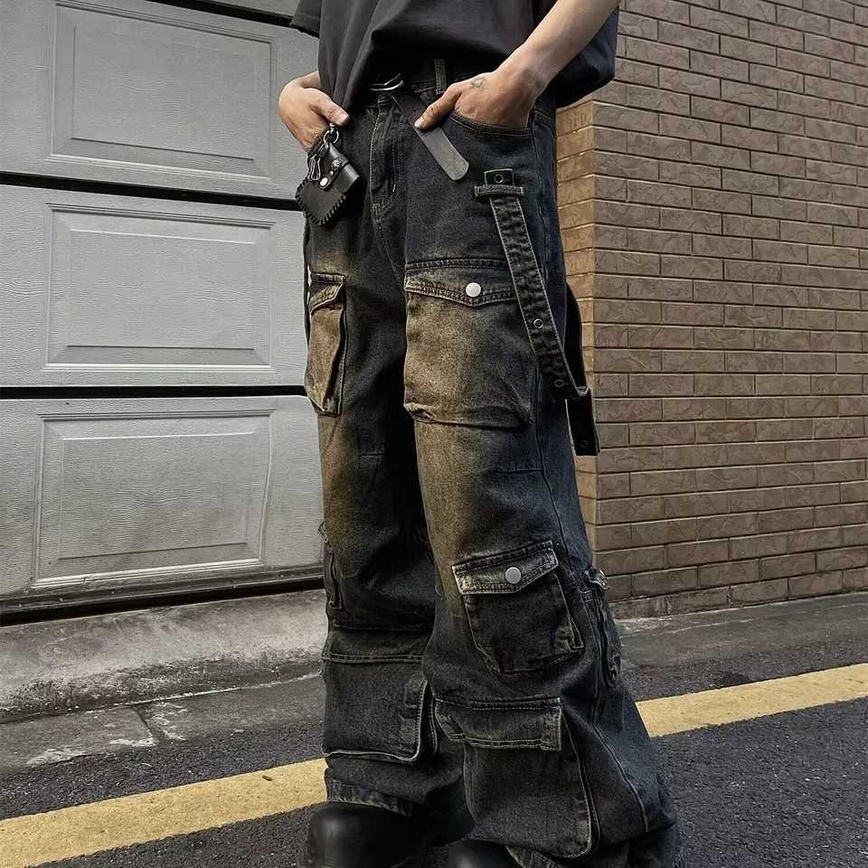 Men's Jeans Y2K Multiple Pockets Baggy Cargo Jeans 2024 Vintage Men's and Women's Loose Straight Leg Hip Hop Pants Baggy y2k Jeans H260 - view 5