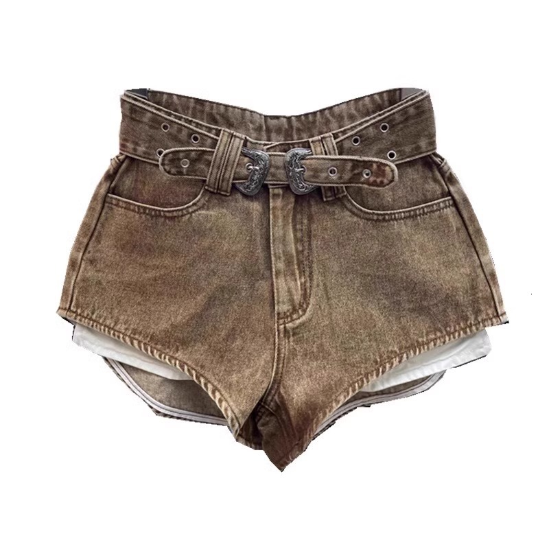 Retro Brown with A Cut Waistband High Waist Personalized Fashion Wide Leg Hot Pants Shorts Women