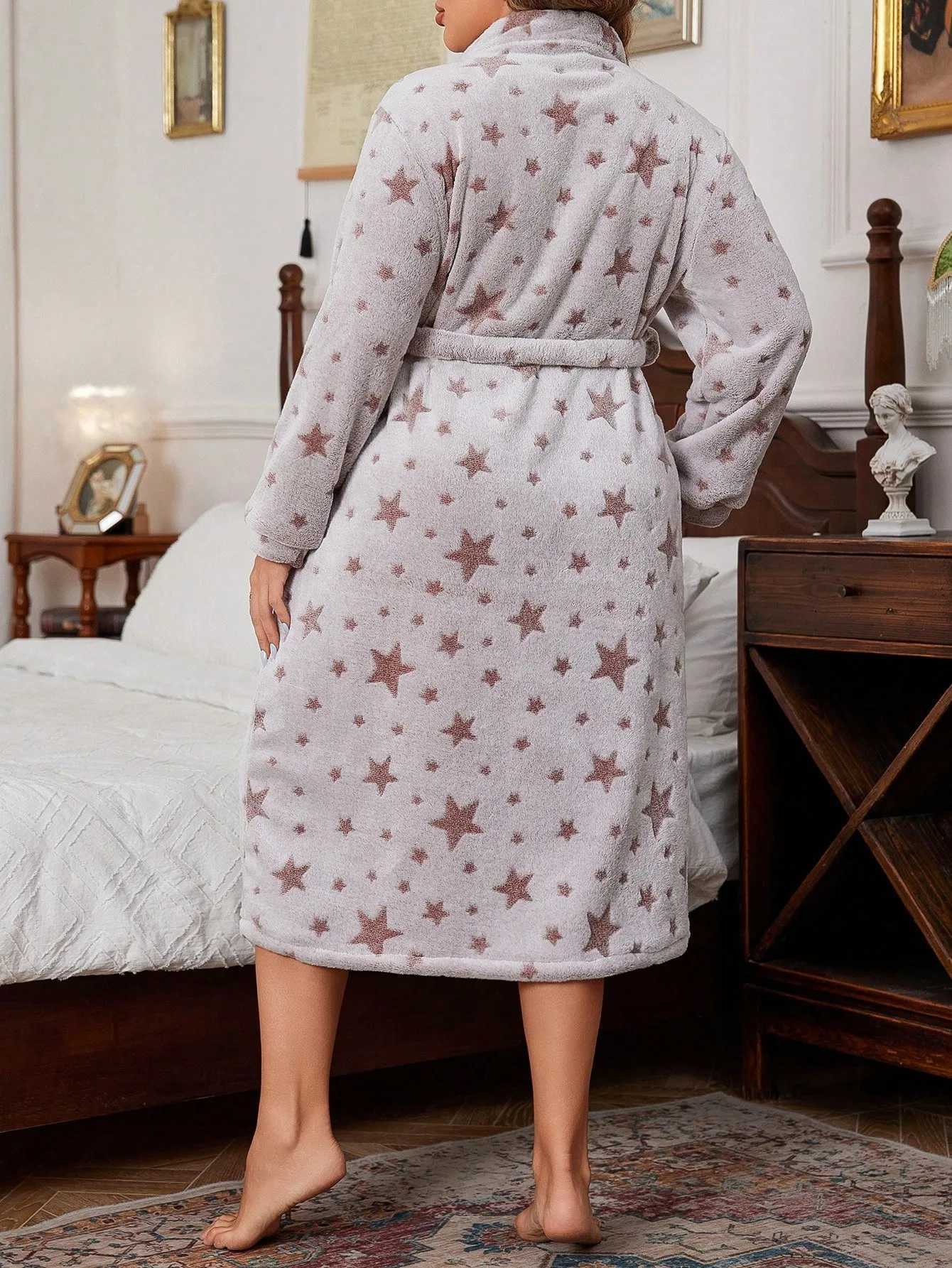 Lounge Women's Sleep Autumn Winter Women Oversized Warm Robe Pajama Nghtgown Flannel Robe Star Print With Belted Home Sleepwear Pajamas 1XL To 5X - view 4