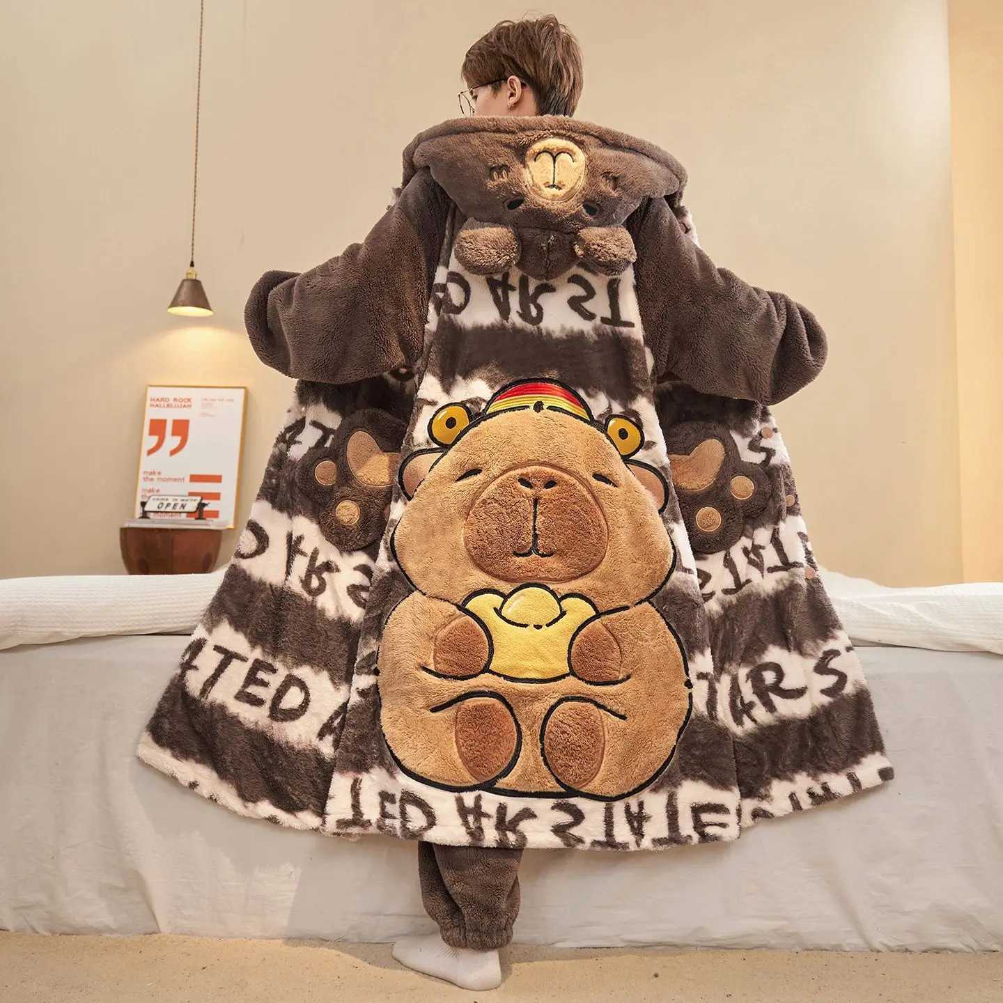 Lounge Women's Sleep Monster Cute Fashion Hooded Plush Robe Pajamas Set Warm Flannel Loungewear Soft Home Sleepwear Men Boys Daily Casual Comfort - view 3