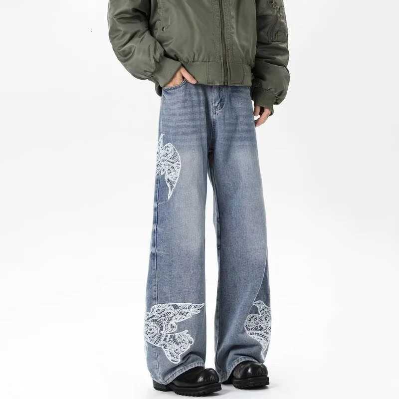 Men's Jeans Spring Men's Dove Of Peace Appliques Embroidered Jeans New Y2K Vintage Straight Baggy Denim Pants Washed Streetwear Blue Jean H2