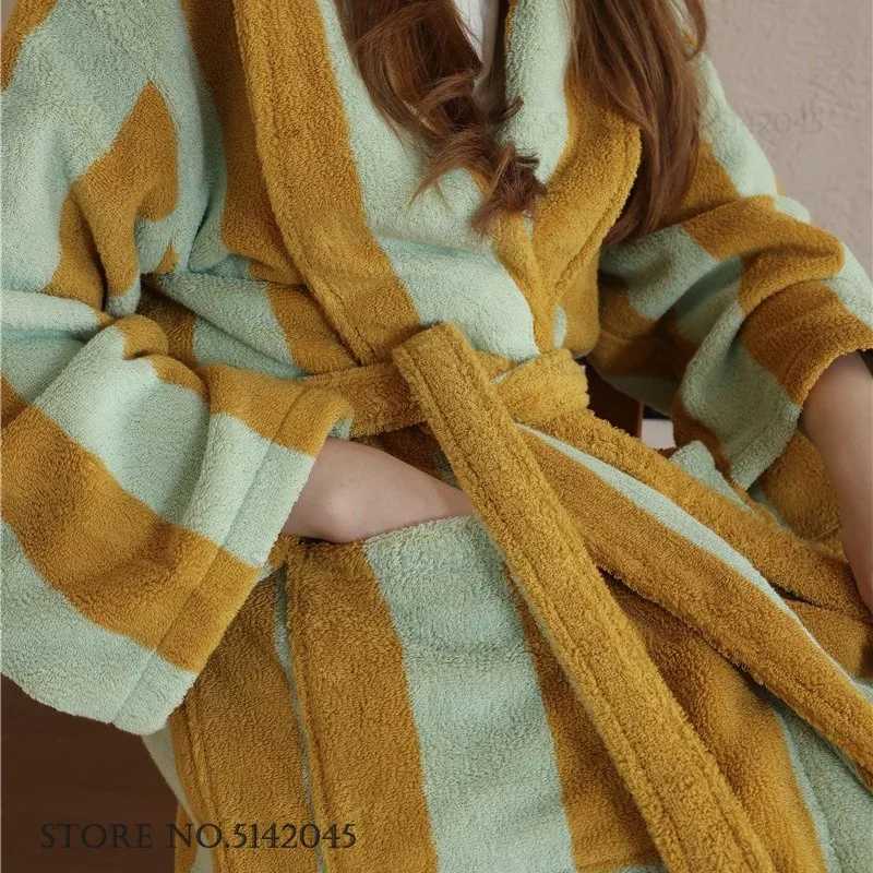 Sleep Lounge Women's Cotton Terry Bathrobe Women's Long Robe Kimono Gown Thicken Stripes Towel Sleepwear Homewear with Pocket Loose Loungewe
