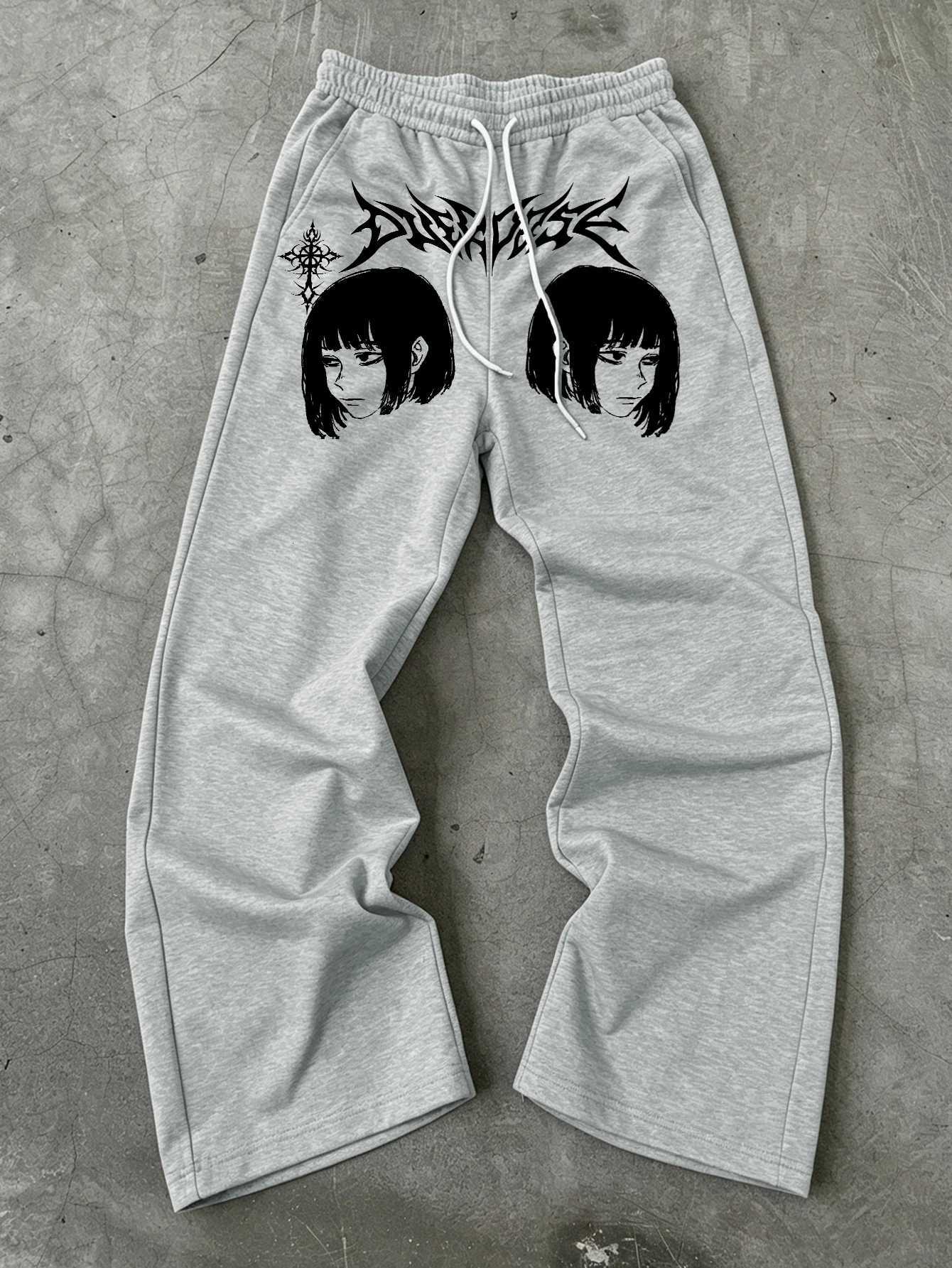 Men's Pants Men Wide Leg Jogger Pants Dark Anime Graphic Blackmetal Spike Letter Symmetrical DualSide Print dr1 BaggyY2KPunk D260924 - view 6