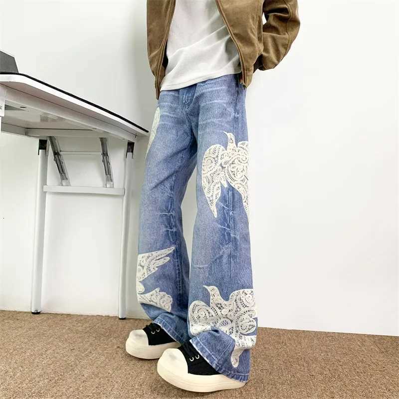 Men's Jeans Spring Men's Dove Of Peace Appliques Embroidered Jeans New Y2K Vintage Straight Baggy Denim Pants Washed Streetwear Blue Jean H2 - view 4
