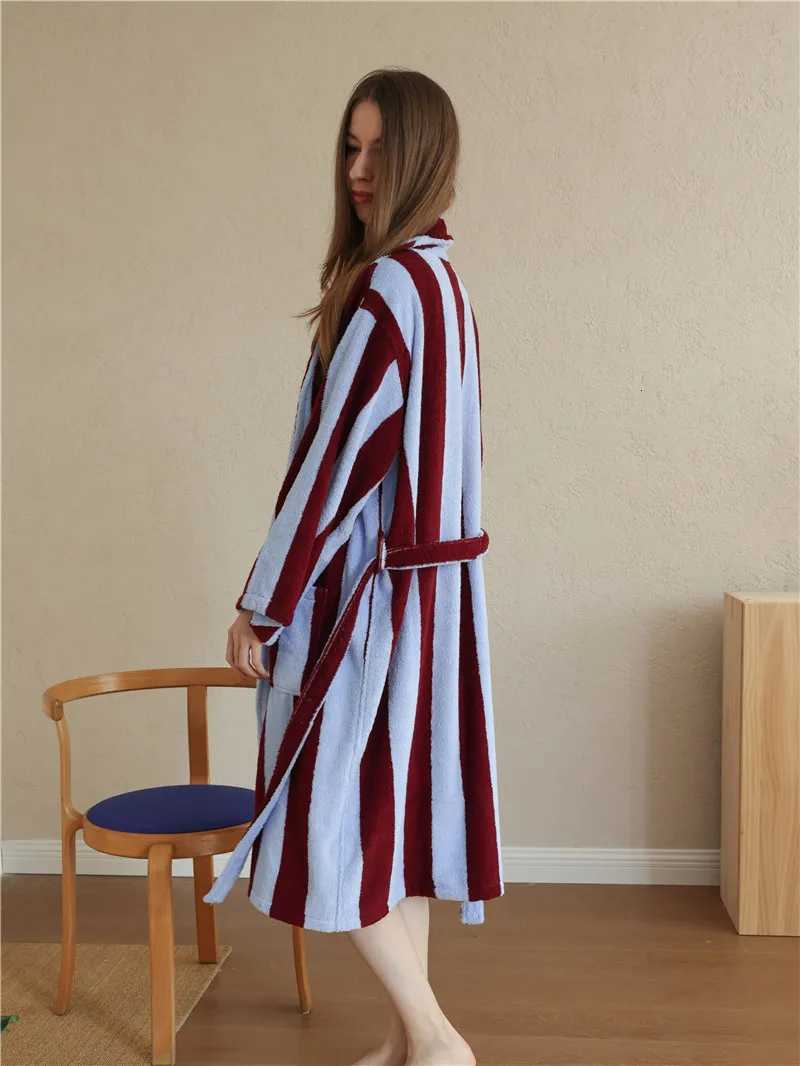 Lounge Women's Sleep Cute Striped Cotton Bathrobe Super Soft Absortion Hooded Loose bath Robe Coat Towel V Neck warm Sleepwear Robes Women Homewe - view 5