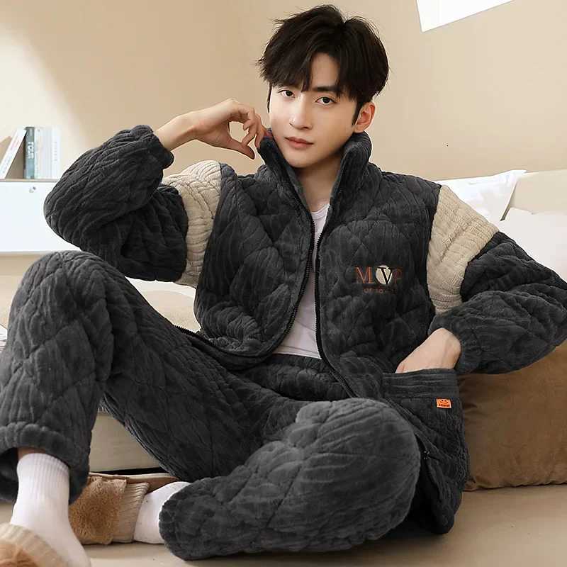 Sleep Lounge Women's Korean Winter Thicken Warm Home Clothes Zipper Cardigan Pajamas Set Men Home Clothes Big Size XL-3XL Coral Fleece Pyjamas Ho - view 6
