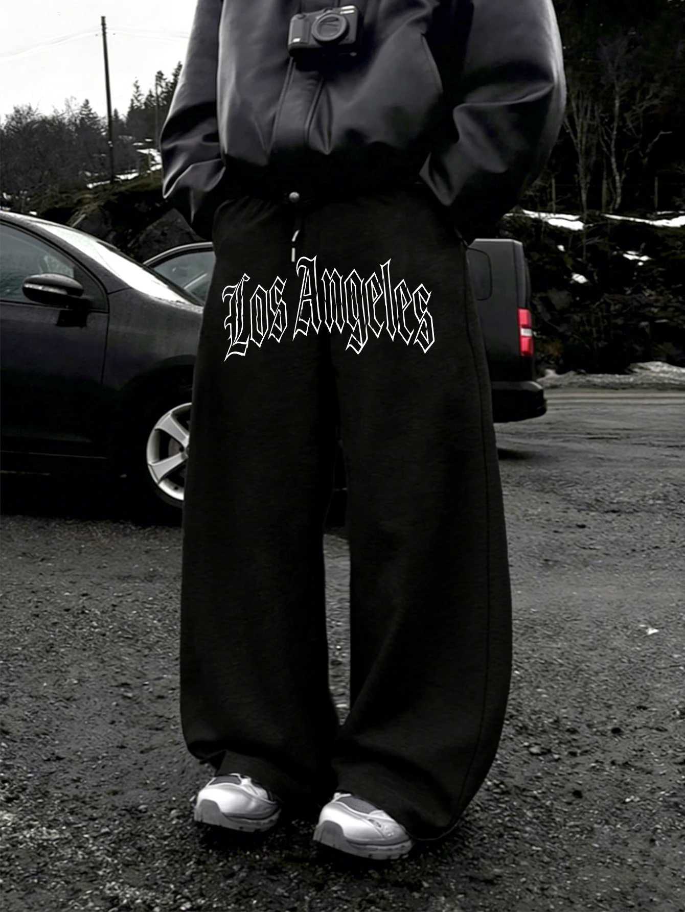 Men's Pants Men Y2K American Gothic Streetwear Baggy Sweatpants Waist Centered White Outline Gothic"LosAngeles"LetterPrintdr1WideLeg D2