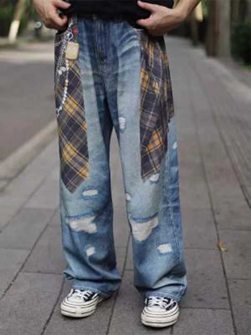 Men's Jeans Y2k Baggy Jeans Women Distressed Plaid Chain Holes 3d Print Low Rise Wide Leg Pants Fashion Hip Hop Streetwear Skater pants H260924