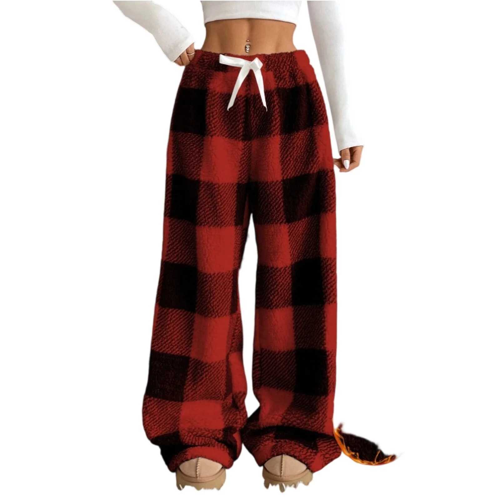 Women's Sleep Lounge Women's Casual Loose Elastic Waistband Plush Sleep Pants Autumn Winter Plaid Fleece-lined Pajama Trousers Comfortable L - view 5