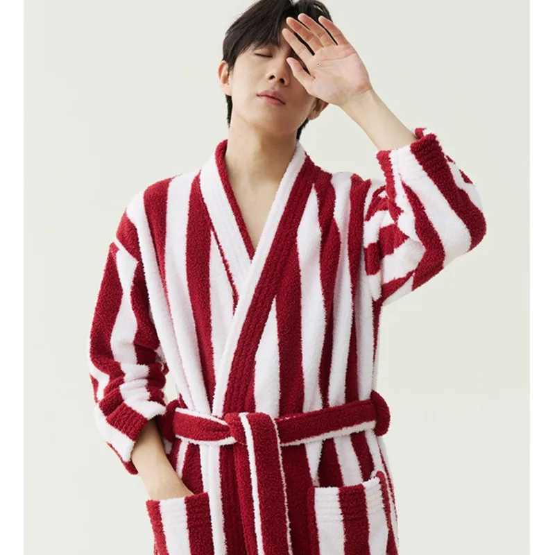 Lounge Women's Sleep Thickened Warm Winter Couple Sleepwear Men Kimono Pajamas Robes Women Striped Bathrobe Home Wear Anti Static Big Size RobesC - view 6