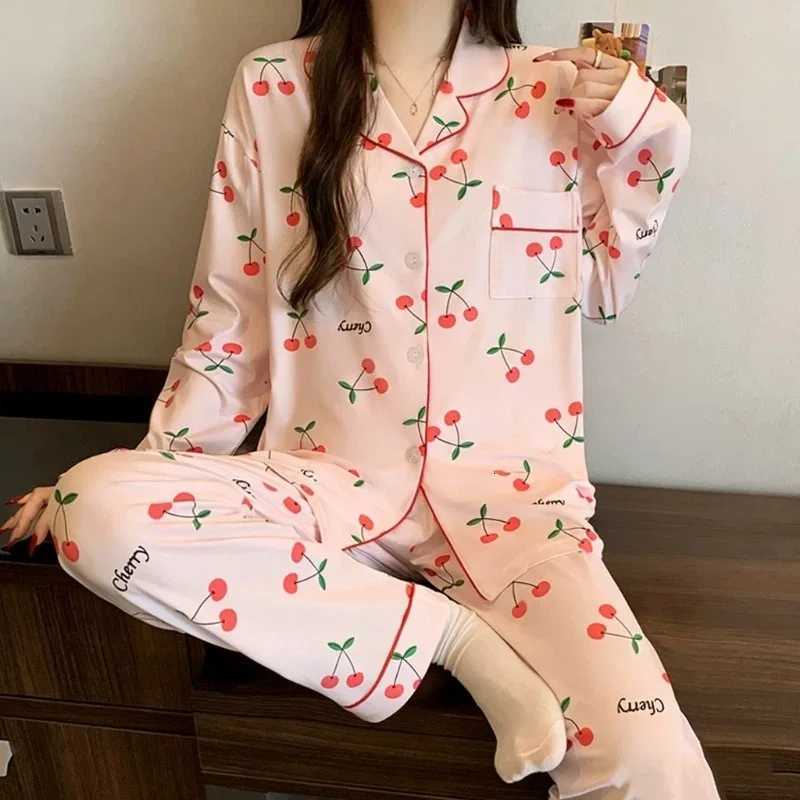 Women's Sleep Lounge Sweet Cute Korean Style Cherry Letter Print Women's Pajamas Set Causal Homewear 2PCS/Set Women Lapel Neck Long-Sleeved 