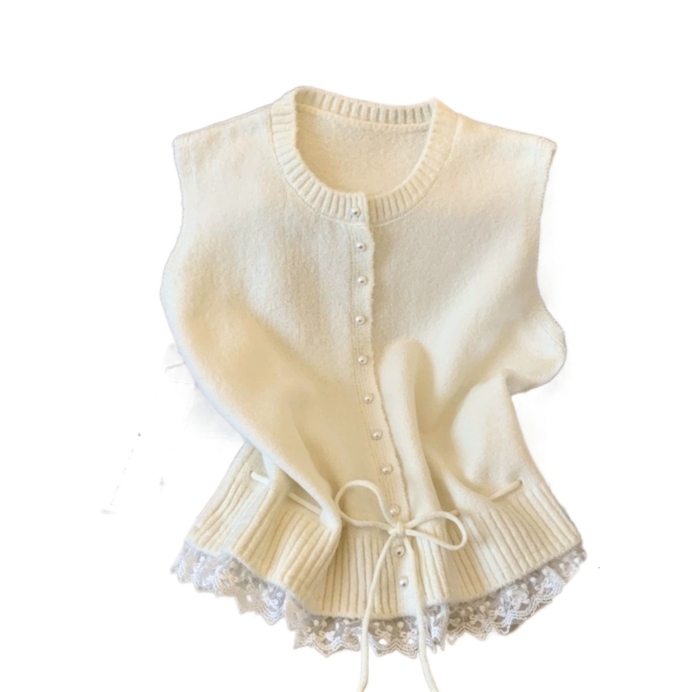 2026 Korean Fashion O Neck Solid Spliced Lace Strap Sweater Loose Casual Soft Preppy Style Outwear Vest for Women tops - view 3