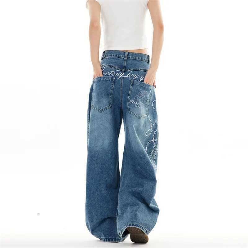 Men's Jeans High Street Fashion Wide Leg Flared Jean For Men Goth Letter Rose Embroidered Y2K Baggy Jeans Hip Hop Vintage Denim Curved Pants H260 - view 7