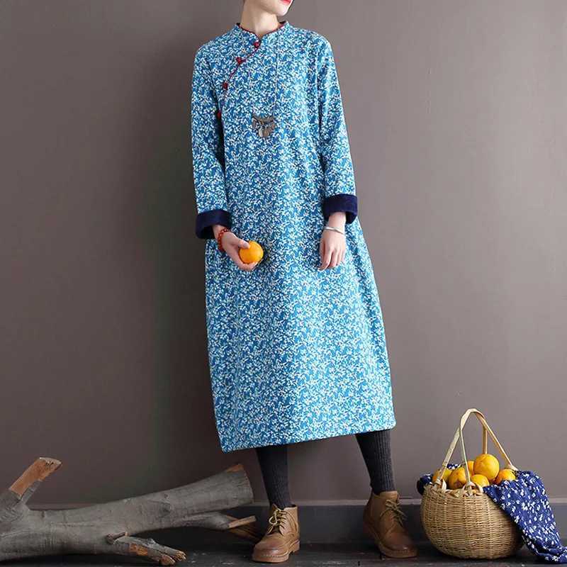 Sleep Lounge Women's Johnature Women Print Floral Dresses Stand Fleece Cheongsam Vintage Warm Winter Robes 2025 New Button Female Cotton DressesC - view 3